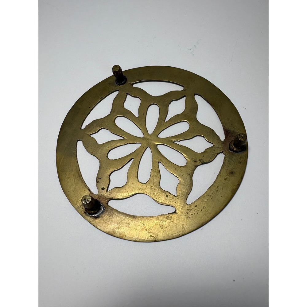 Vintage Solid Brass Round Floral Trivet Etched Leaf Three Footed - Picture 2 of 5